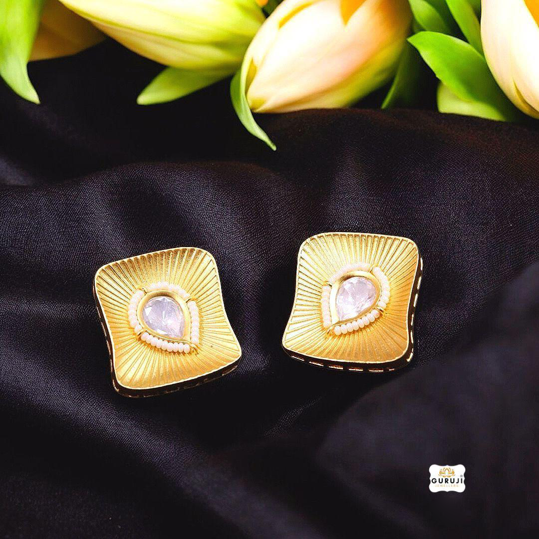 Elegant Square Stud Earrings with Teardrop Gemstone and Pearl Detailing