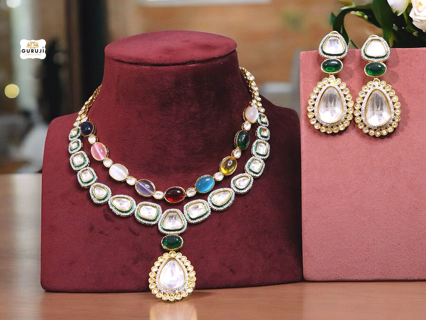 Exquisite Double Layer Navratan Polki Kundan Necklace Set