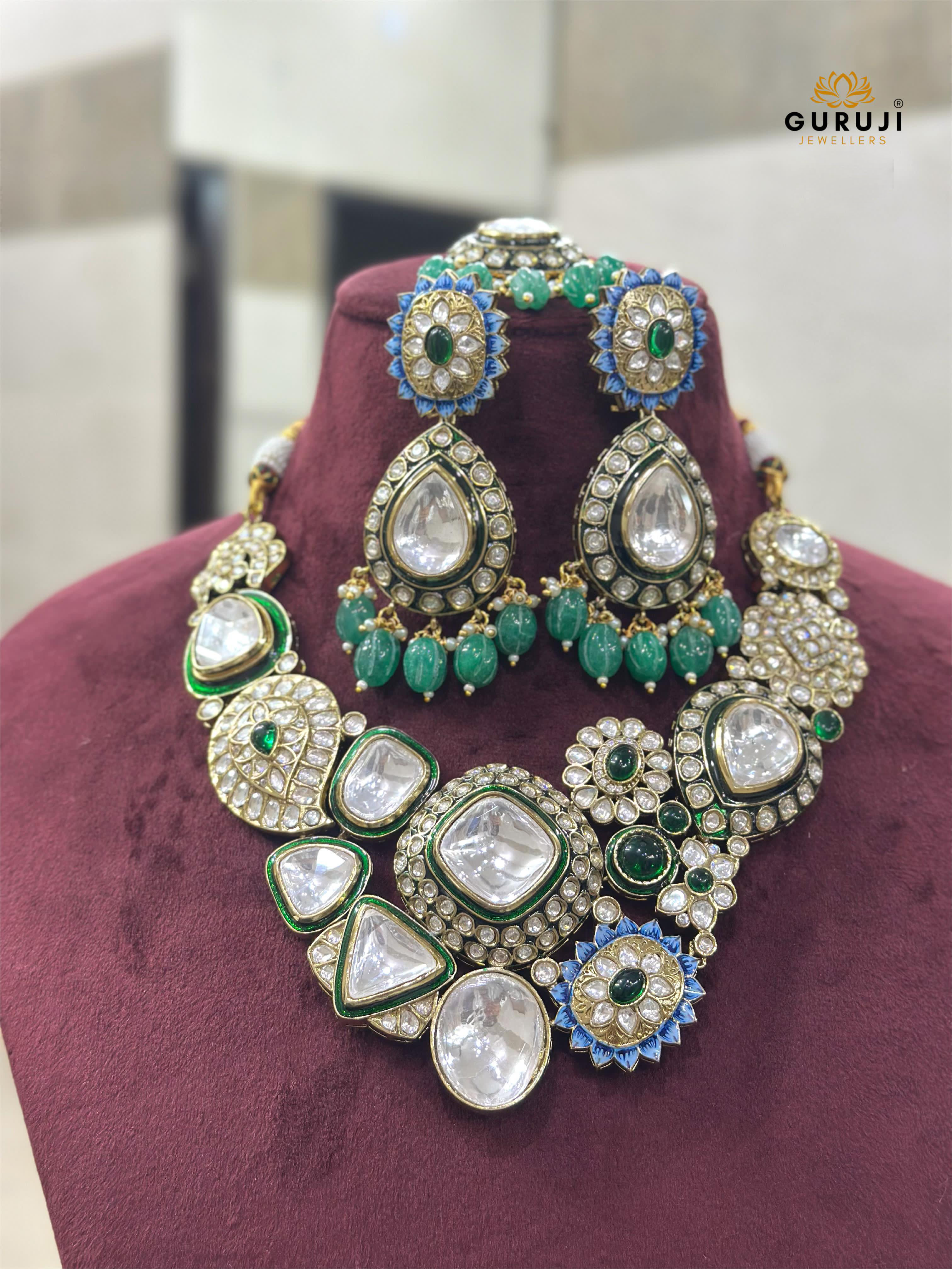 Statement Polki Kundan Necklace Set with Emerald Green Drops and Enamel Accents – Royal Wedding Jewellery