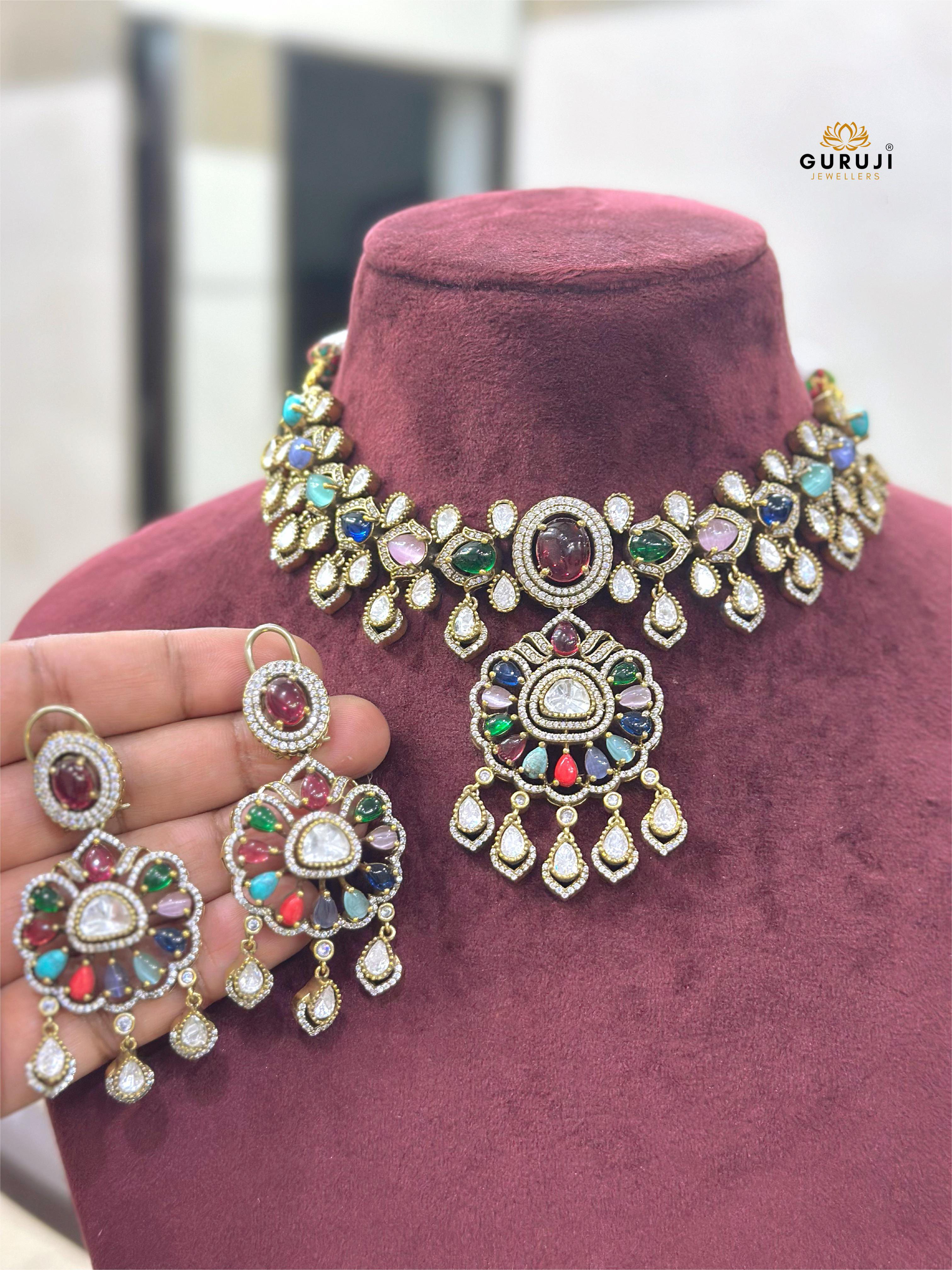 Multicolor Stone Necklace Set with Long Earrings – Traditional Navratna Style