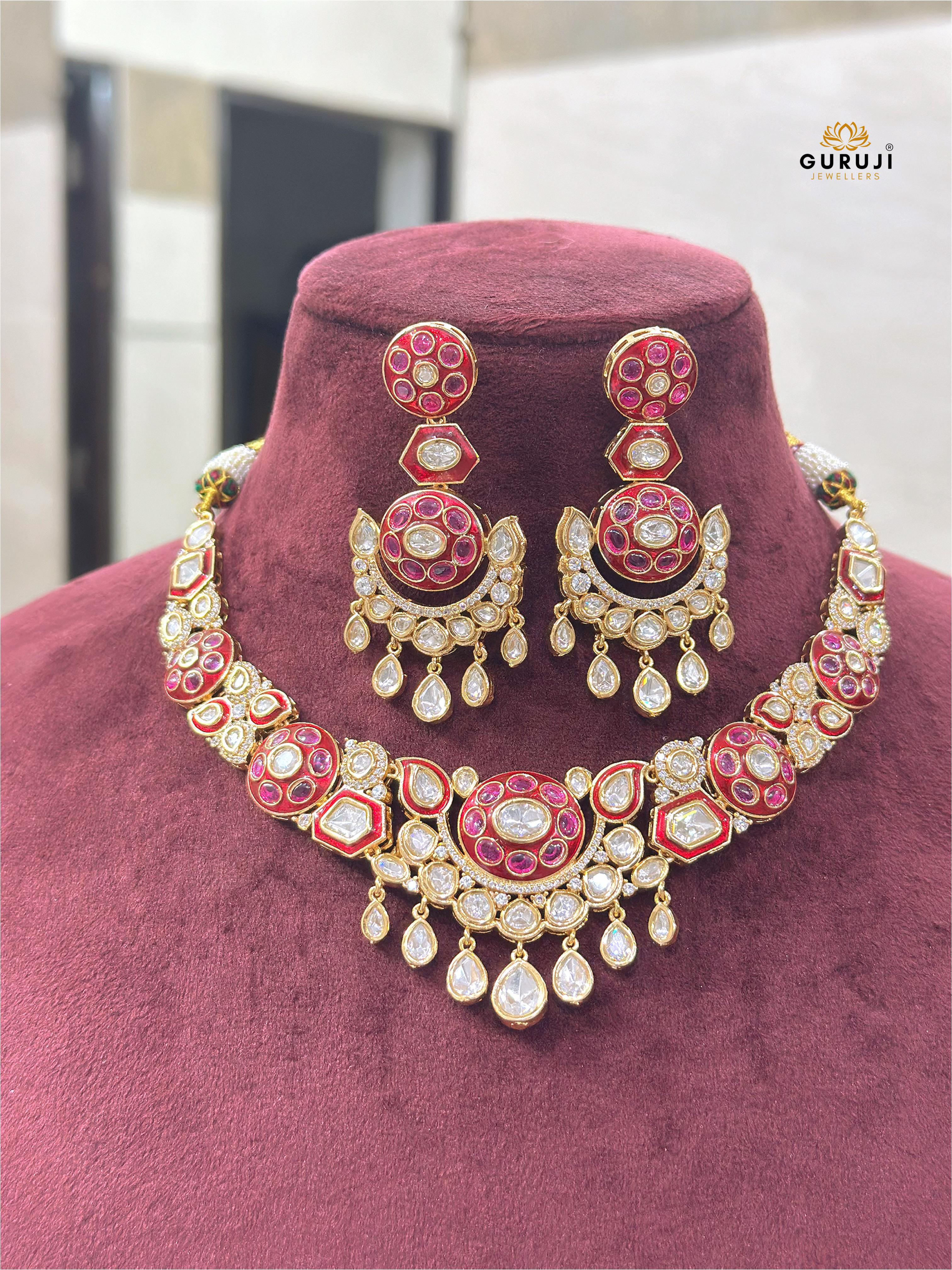 Red & White Kundan Choker Necklace Set with Danglers