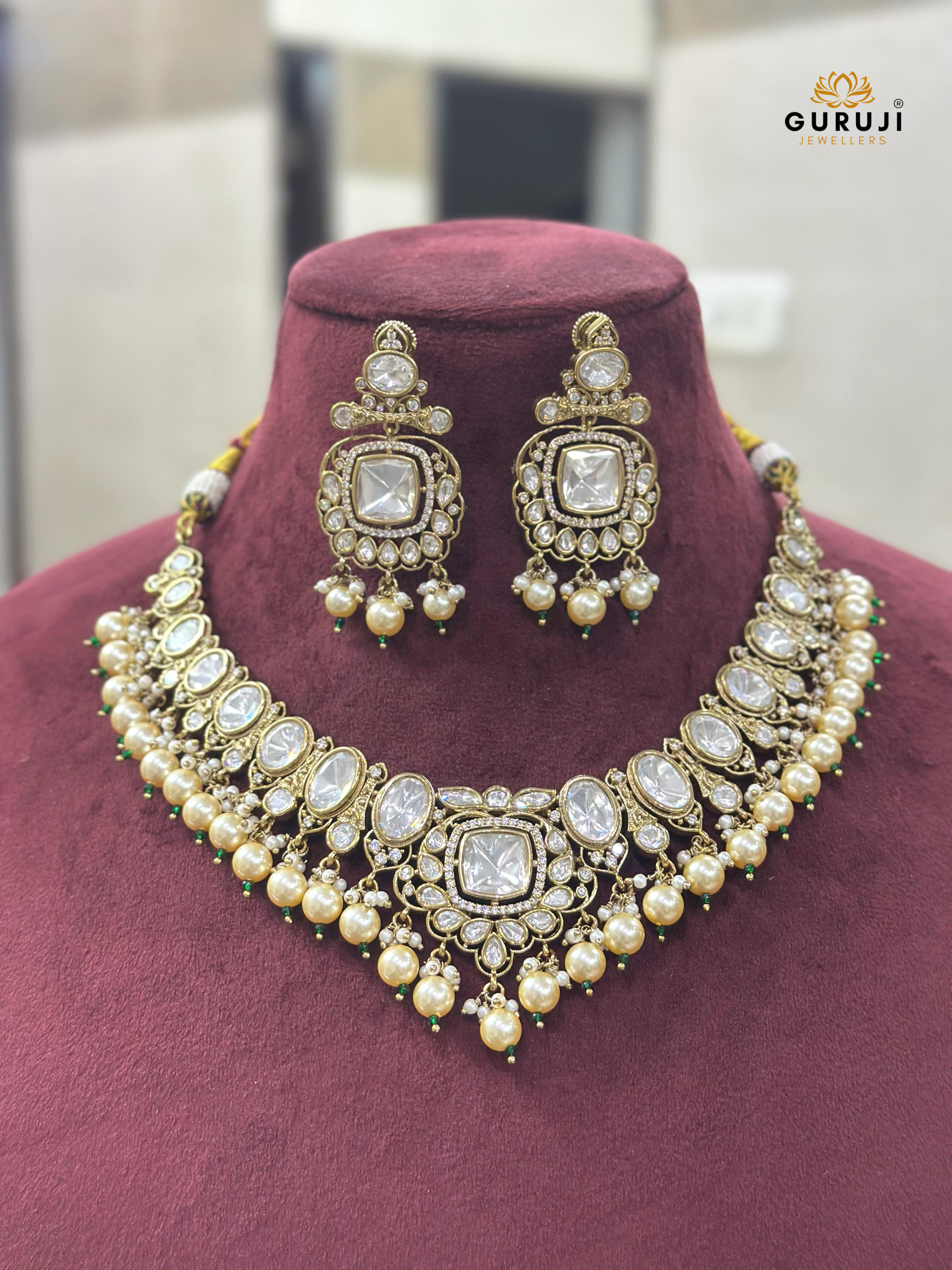 Elegant Kundan Necklace Set with Pearl Drops & Polki Stones