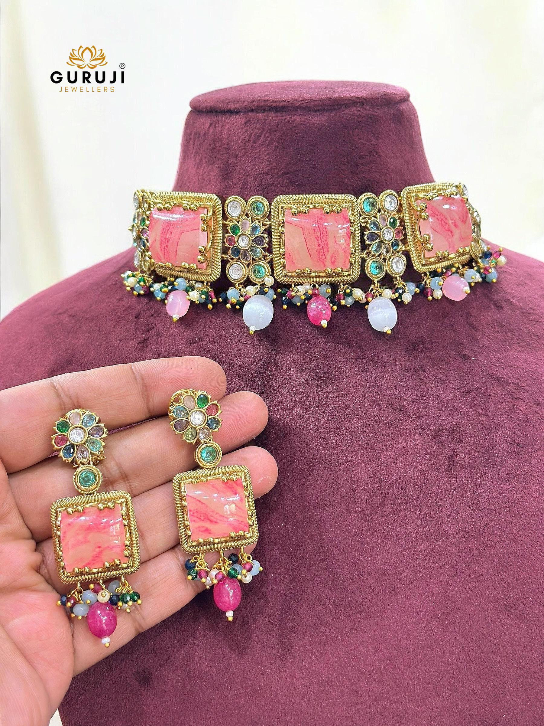 Bold in blush – handcrafted pink stone choker with multigem sparkle
