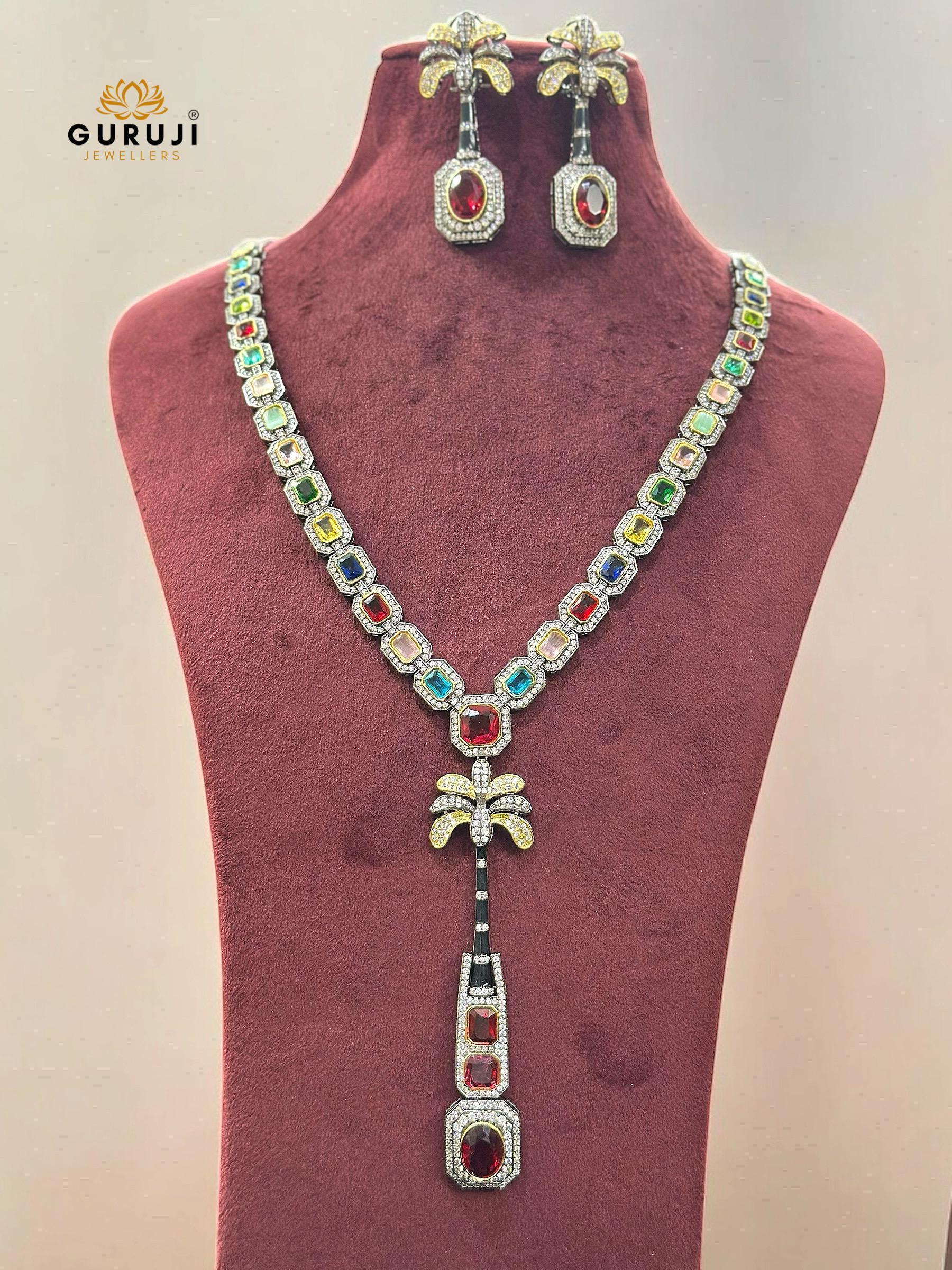 Multicolor gemstone necklace with palm tree pendant — perfect for bridal & cocktail looks.