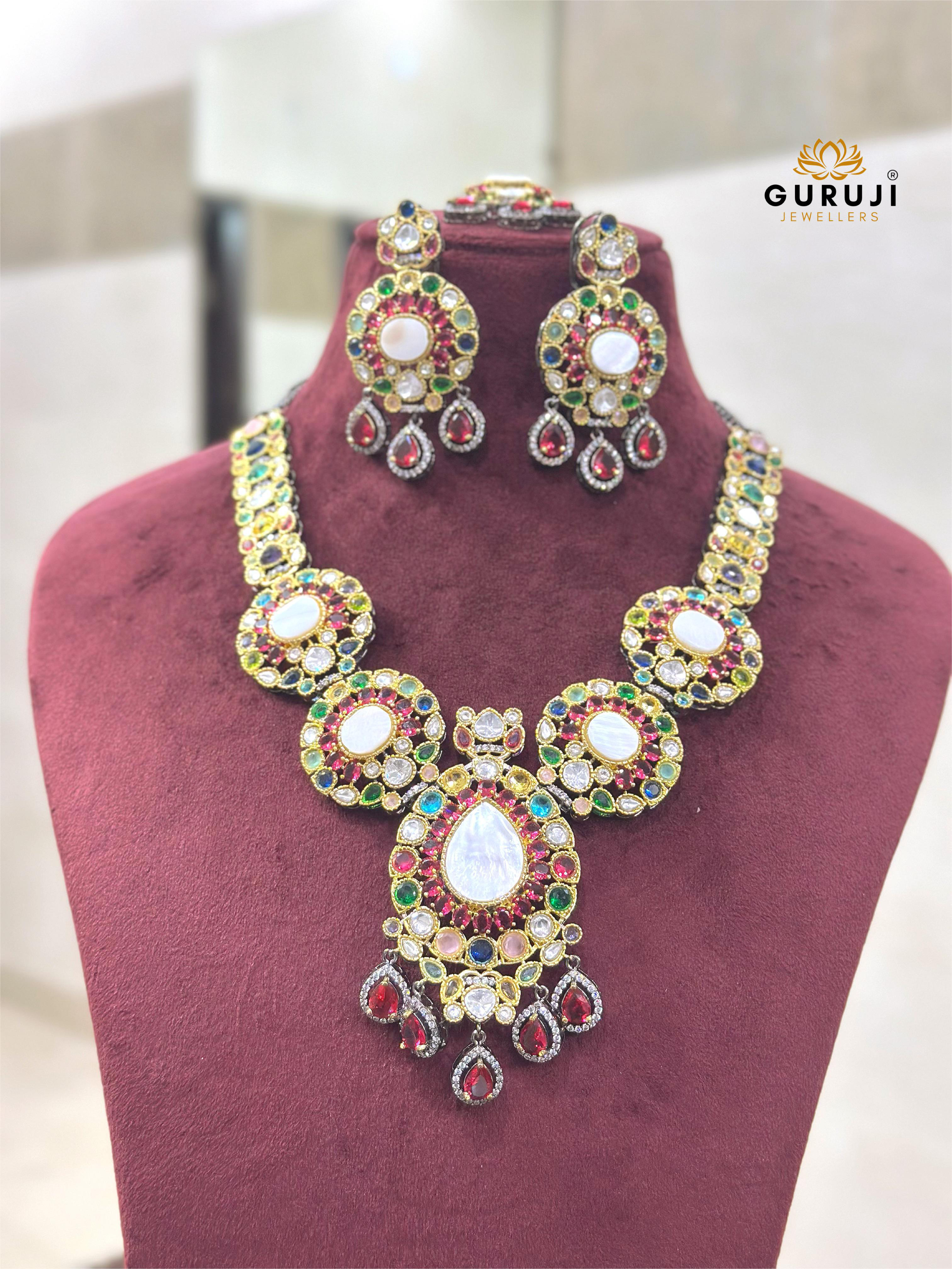 Victorian Necklace Set Inspired by Sabyasachi – Multicolored Polki Bridal Jewellery