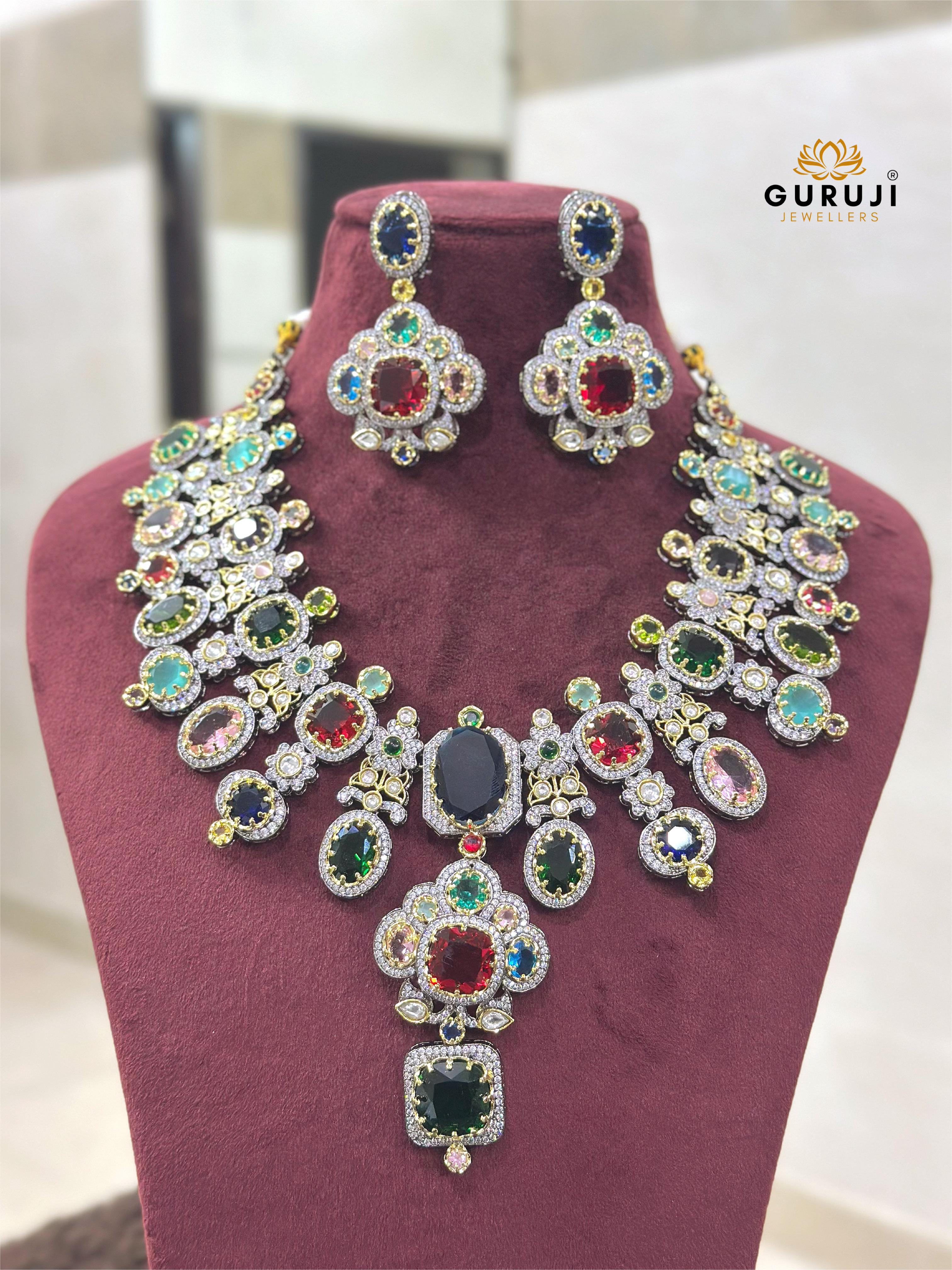 Sabyasachi-inspired Victorian necklace set with multi-stone elegance
