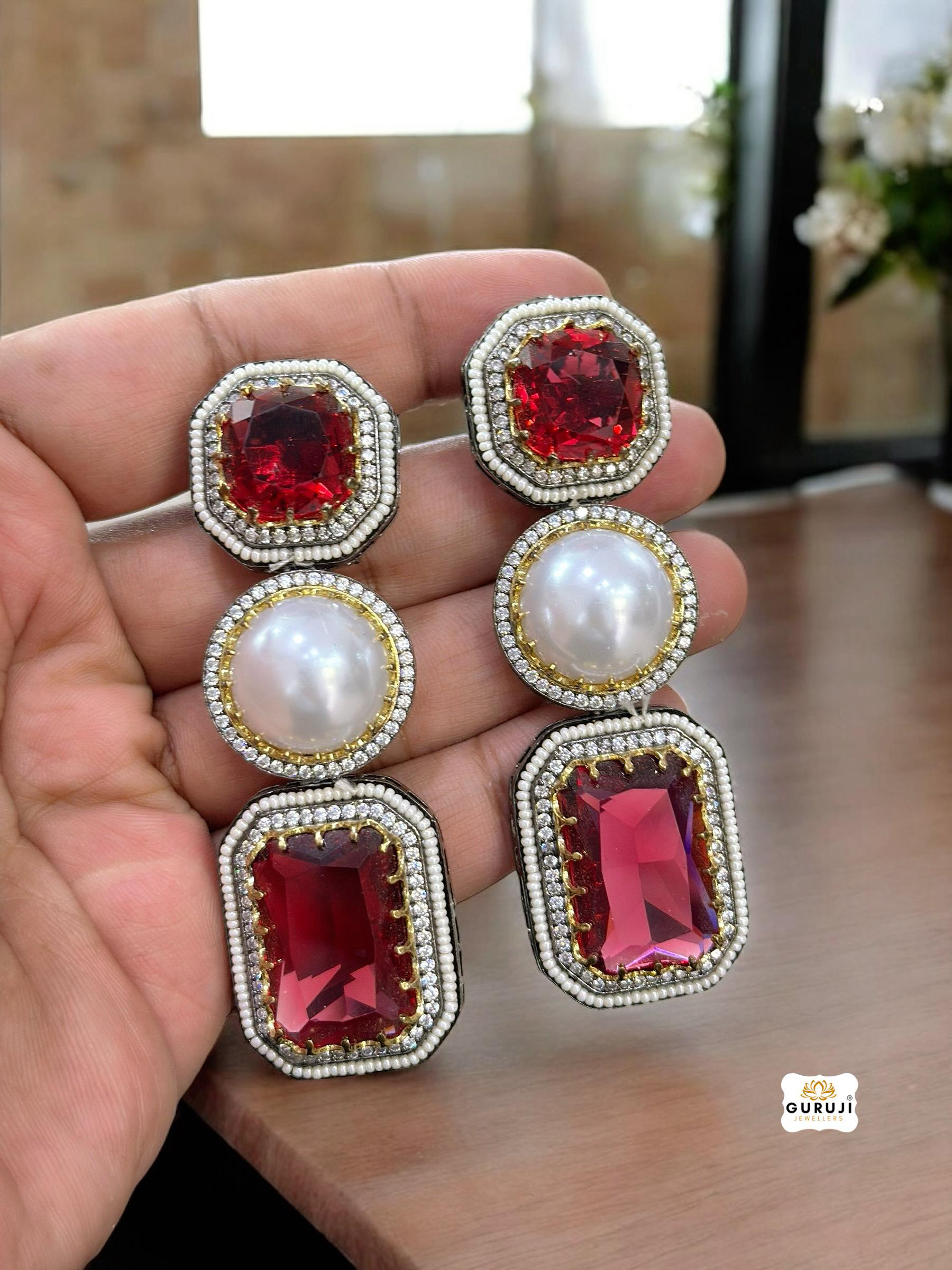 Royal Radiance: Doublet Stone & Pearl Drop Earrings