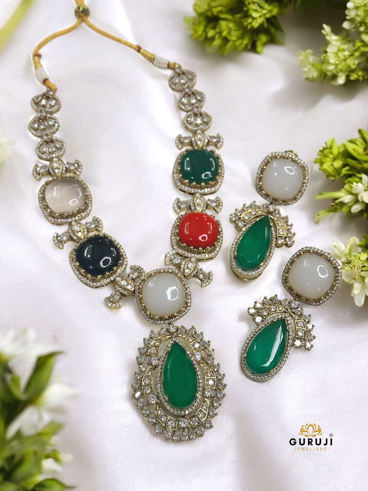 Sabyasachi-Inspired Stone Necklace Set with Green Teardrop Pendant