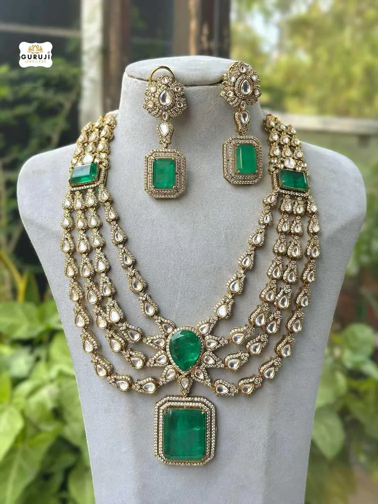 Royal Green Polki & Kundan Bridal Necklace Set with Multi-Layered Design