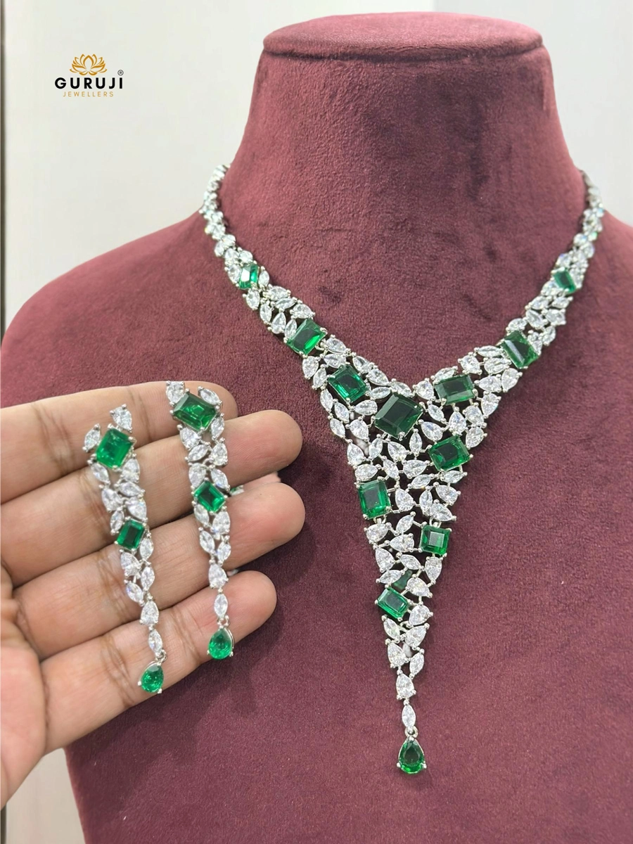 Elegant Stone-Studded V-Shaped Necklace Set with Dangling Earrings