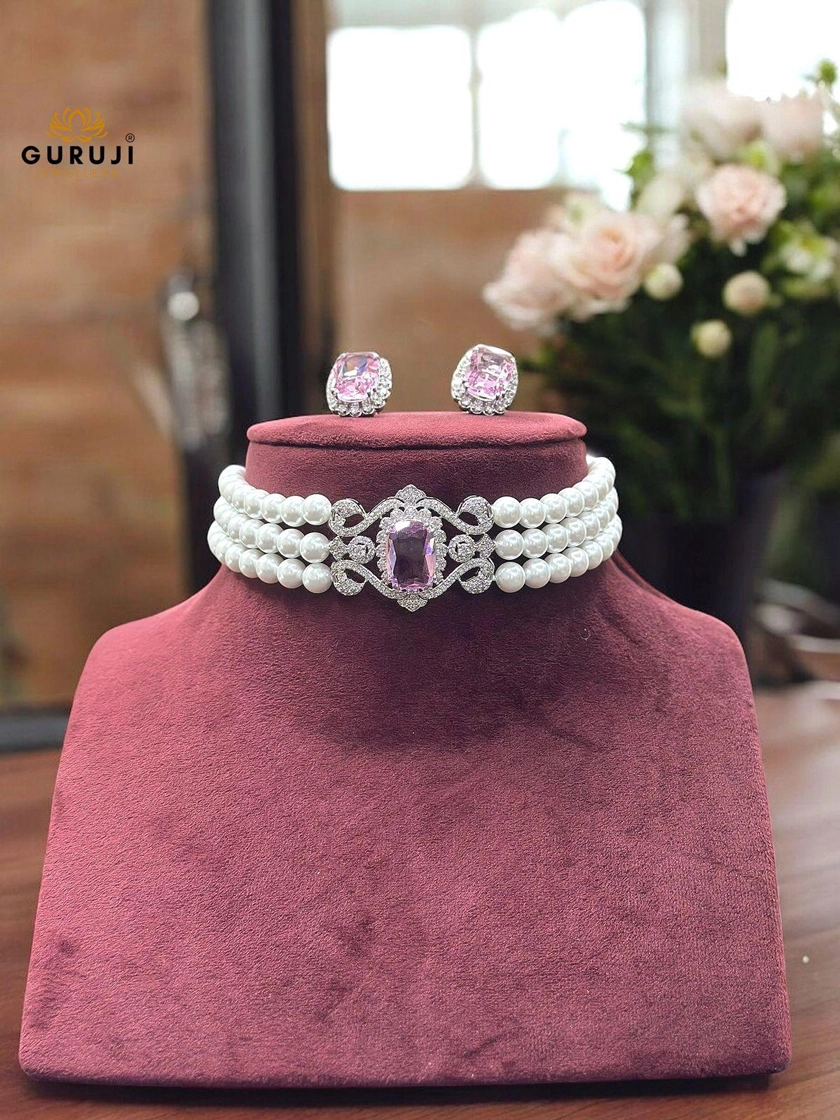 Pearl Choker Necklace Set with Colored Stone – A Statement of Grace and Luxury
