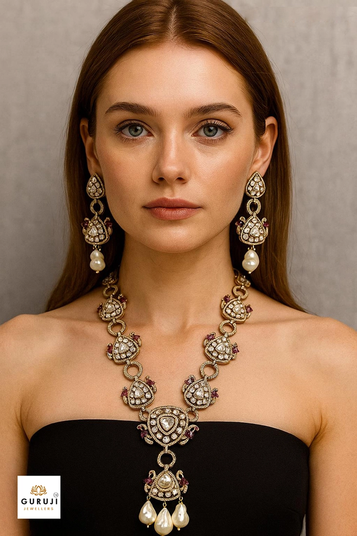Handcrafted Moissanite Kundan Necklace Set with Baroque Pearls