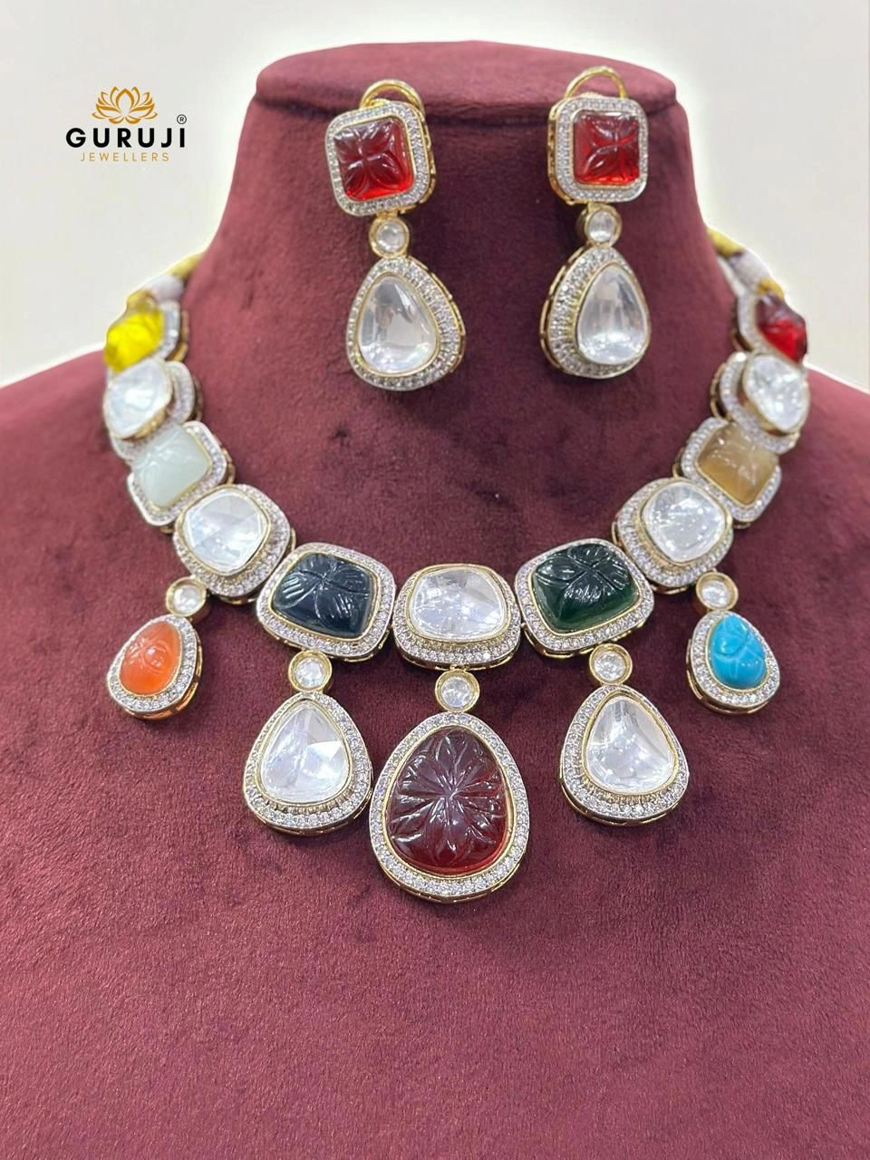 Multistone Handcarved Necklace Set with Moissanite Accents