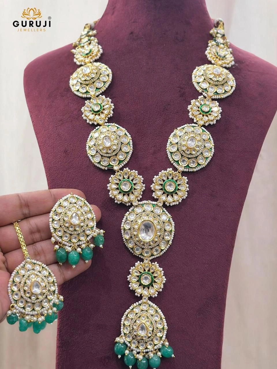 Handcrafted Long Moissanite Kundan Necklace Set with Bead Drops
