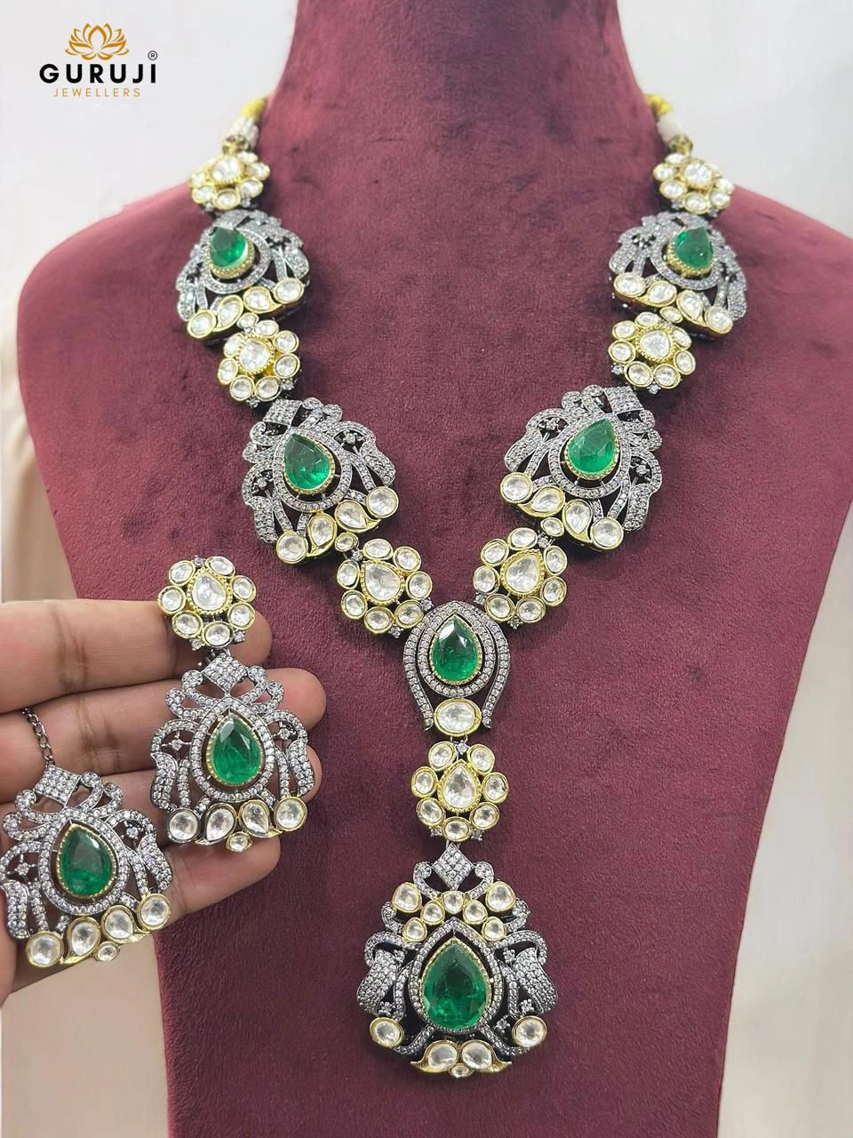 Victorian Long Necklace Set with Moissanite and Kundan Detailing