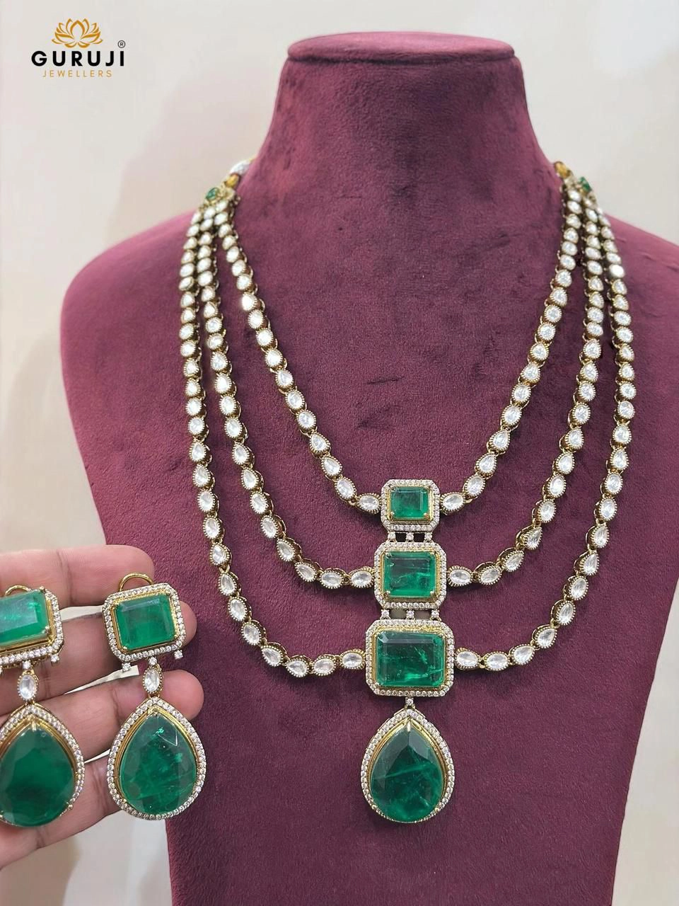 Enchanted Grace: Emerald & Diamond Halo Necklace Set