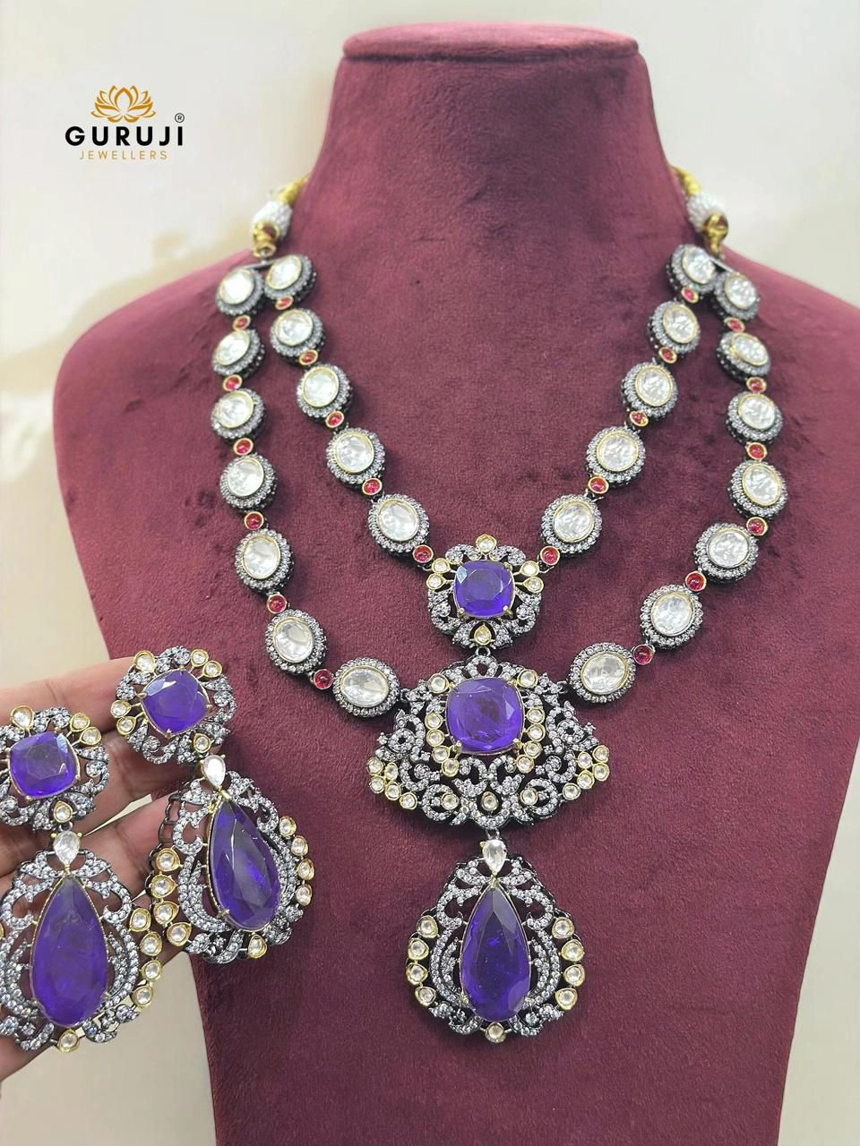 Victorian Moissanite & Doublet Stone Kundan Necklace Set