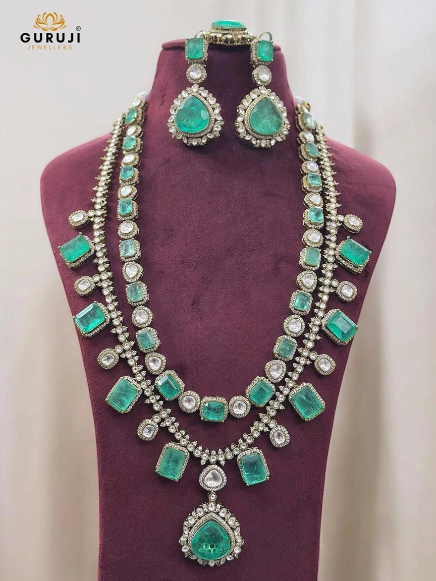 Regal Long Necklace Set with Moissanite Polki & Bold Stone Detailing