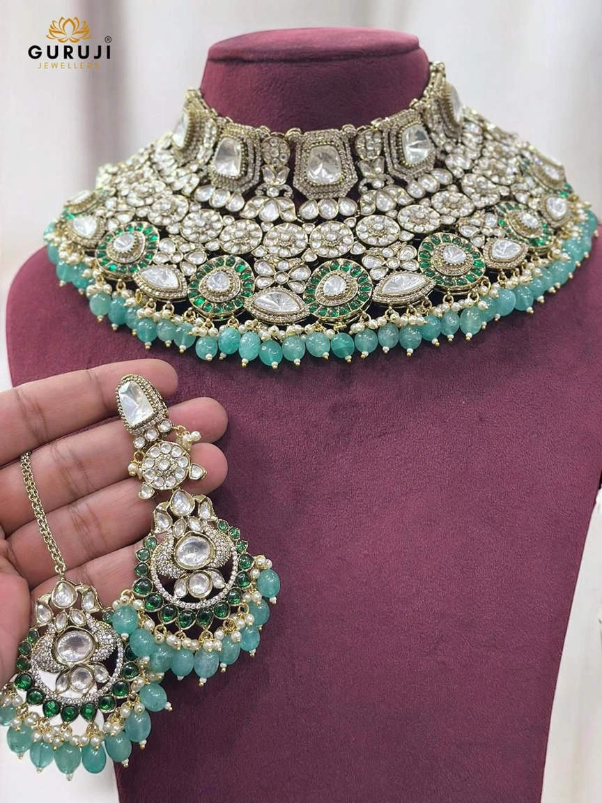 Grand Bridal Moissanite Polki Choker with Emerald Green Beads