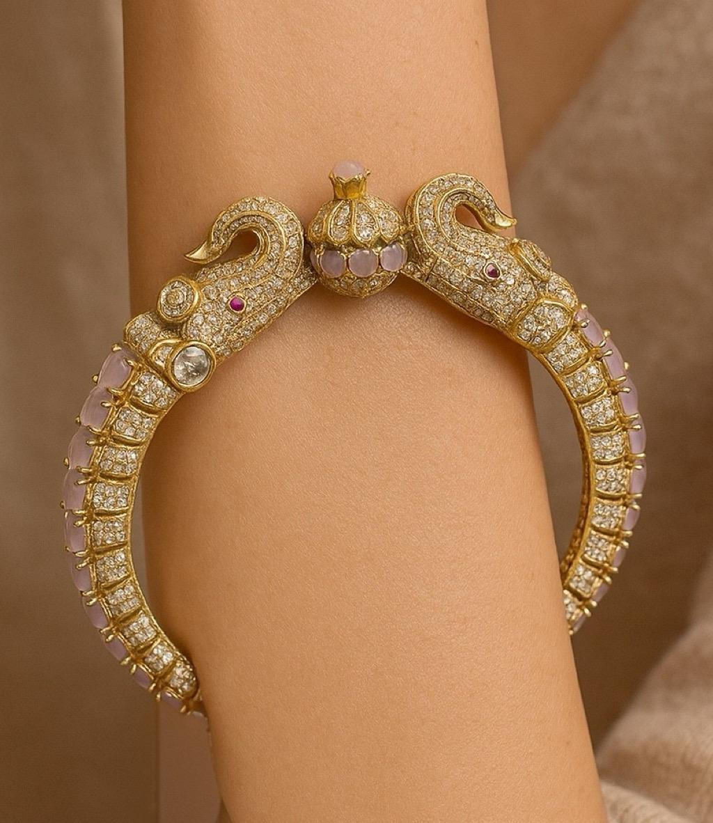 Heritage Elephant Kada with Polki & Lavender Accents