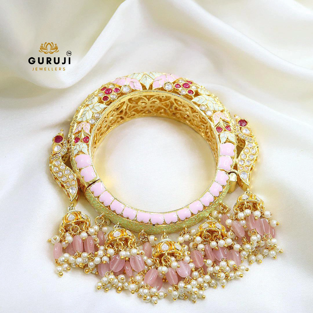 Elegant Meenakari Peacock Bracelet with Pink Bead Tassels