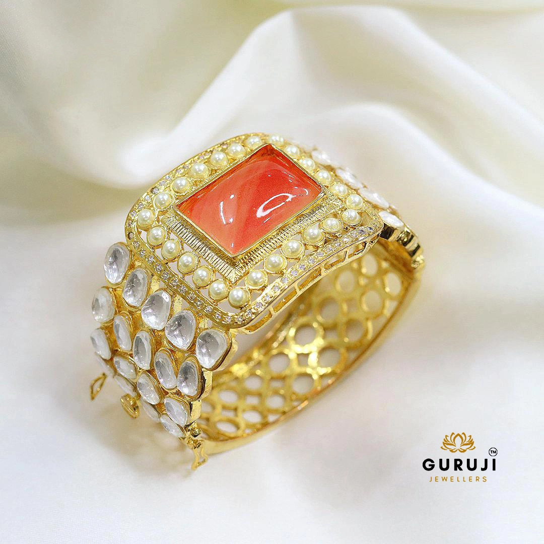 Royal Polki Kundan Bracelet with Coral Centerpiece