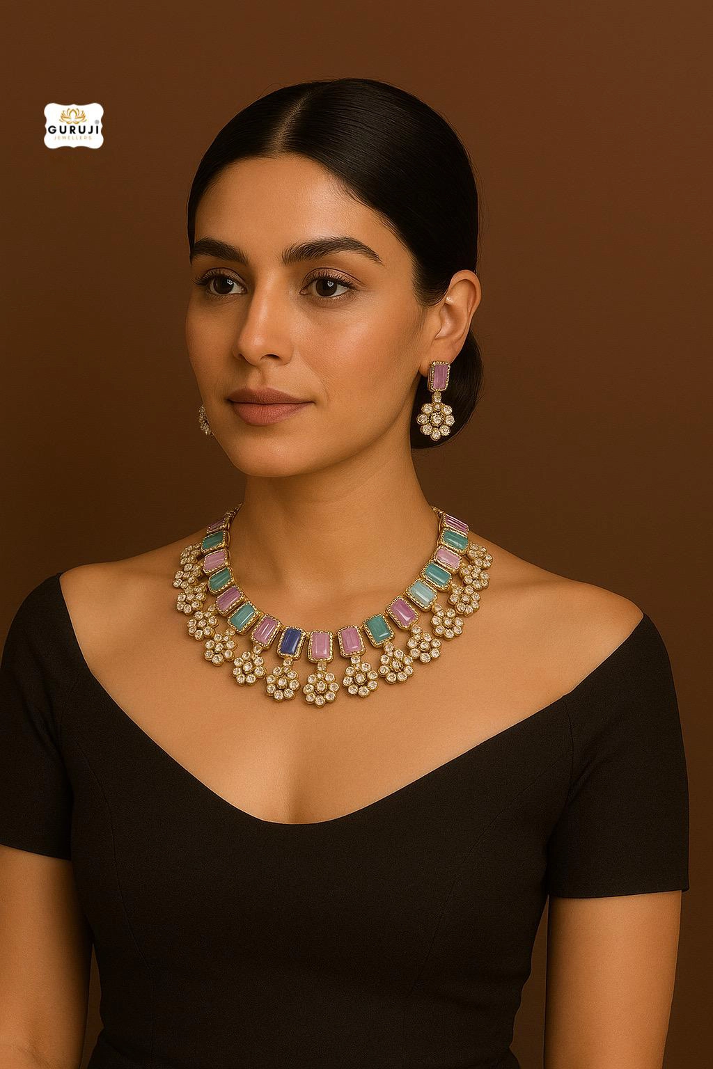 Luxury Designer Necklace Set with Floral Accents and Doublet Stones