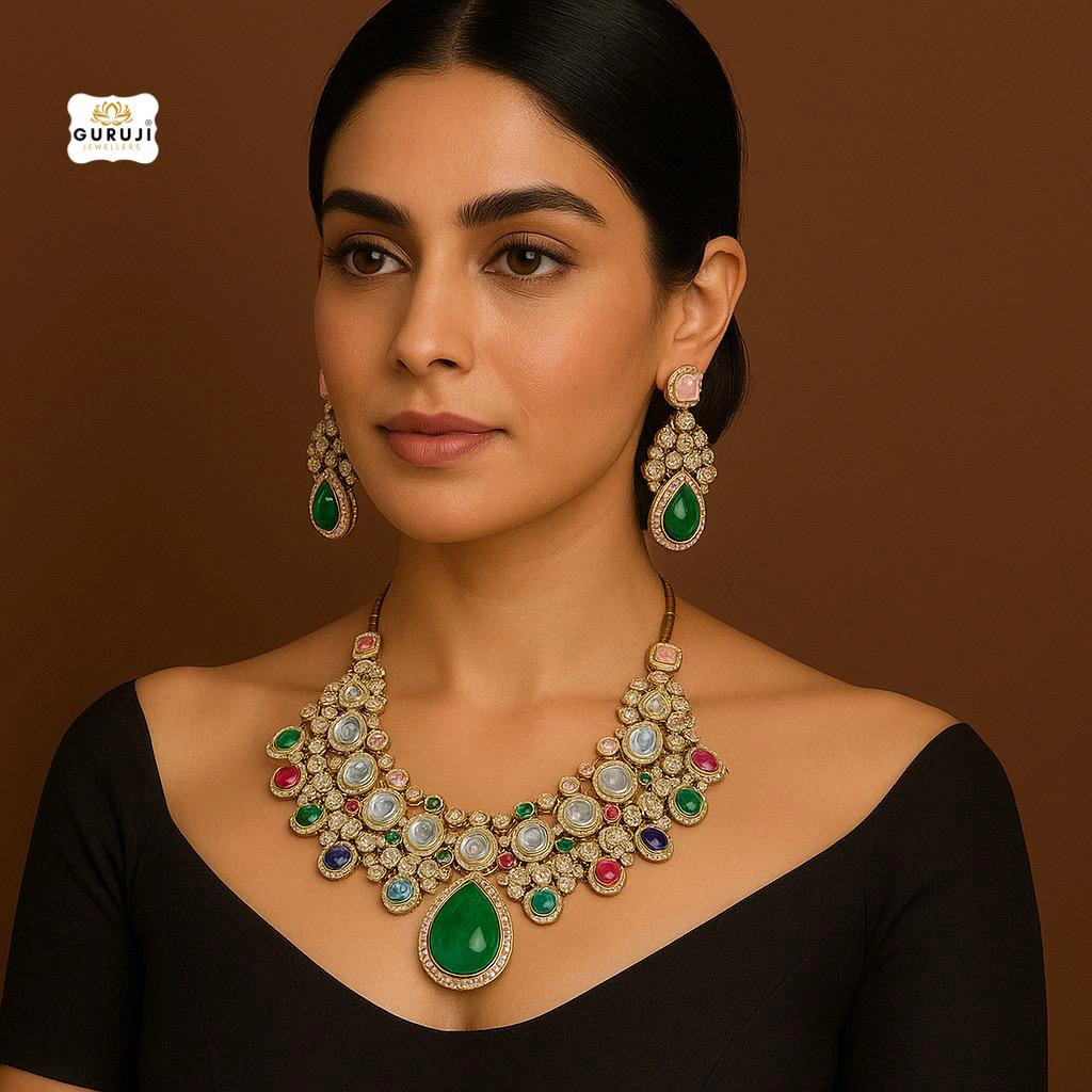 Heritage Polki Bridal Necklace Set with Doublet Detailing and Teardrop Pendant