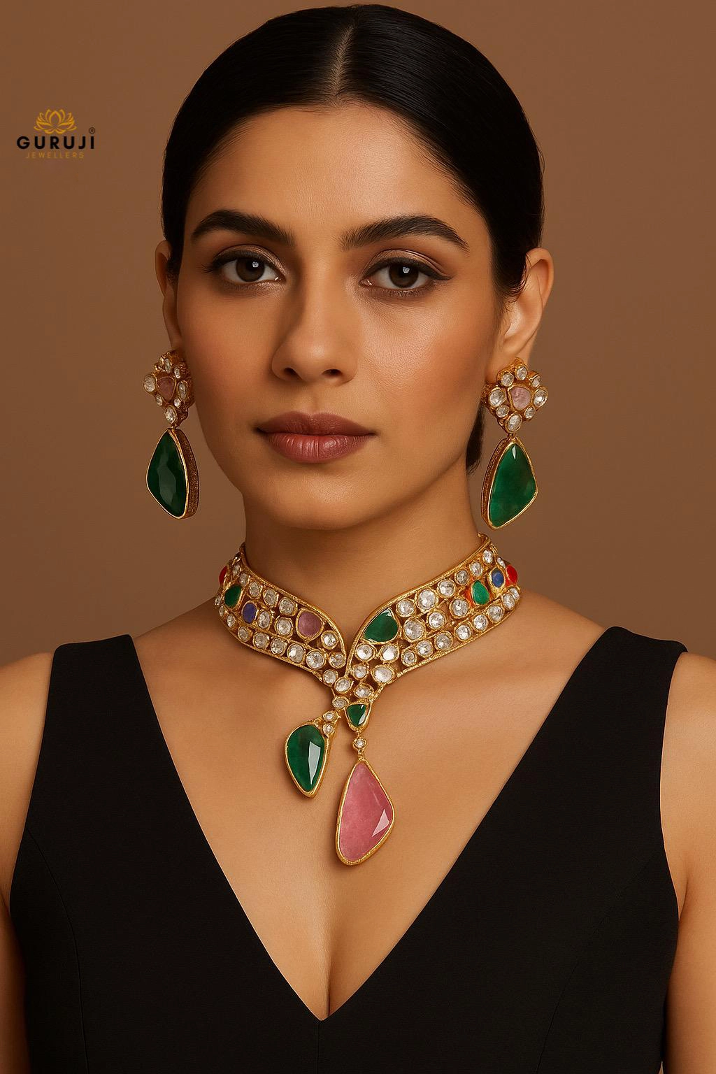 Contemporary Stone Drop Choker Set with Geometric Accents