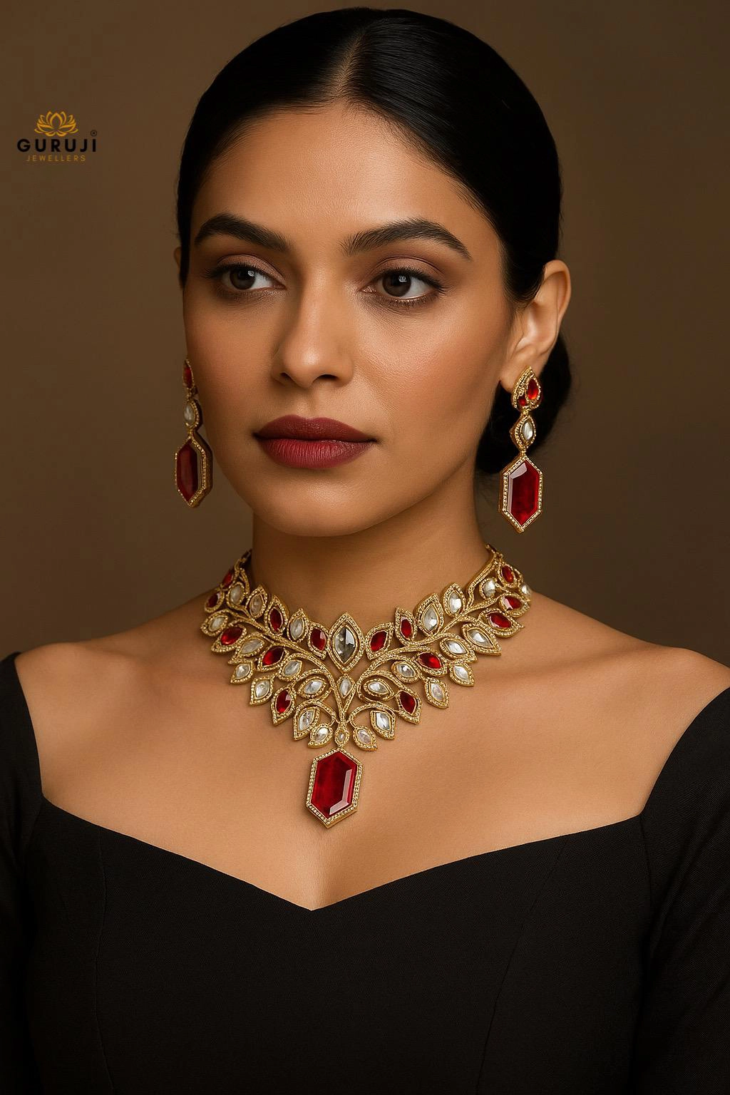 Designer Choker Necklace Set with Doublet Stone Drops