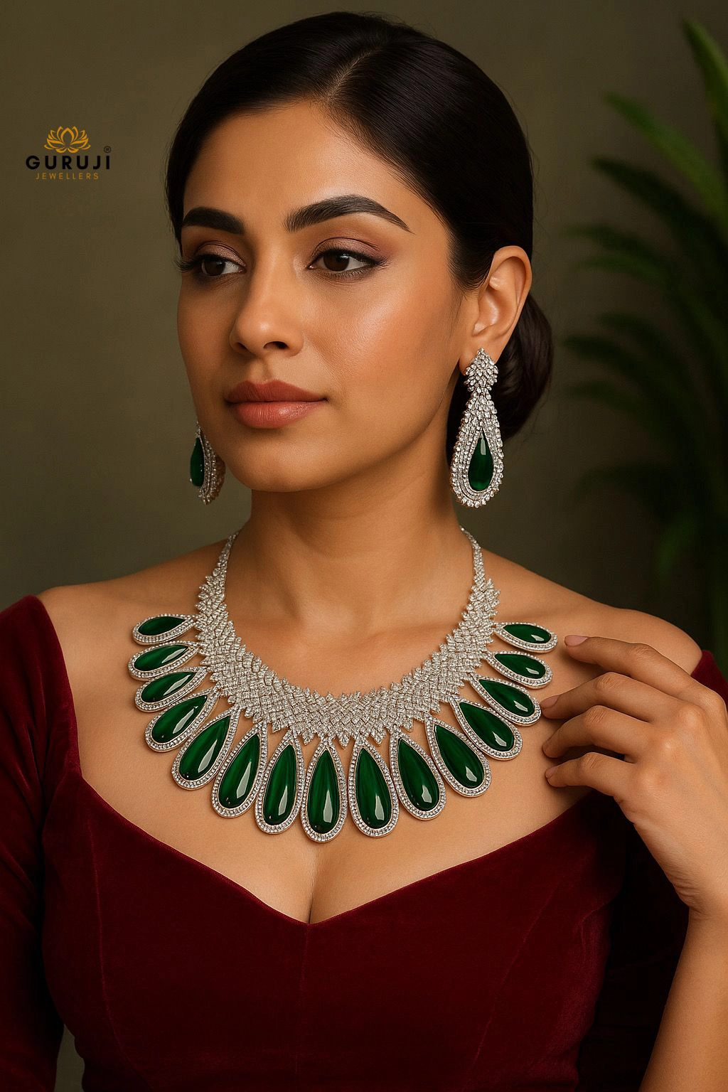 Statement Bridal Necklace Set with Stone Drops and Matching Earrings