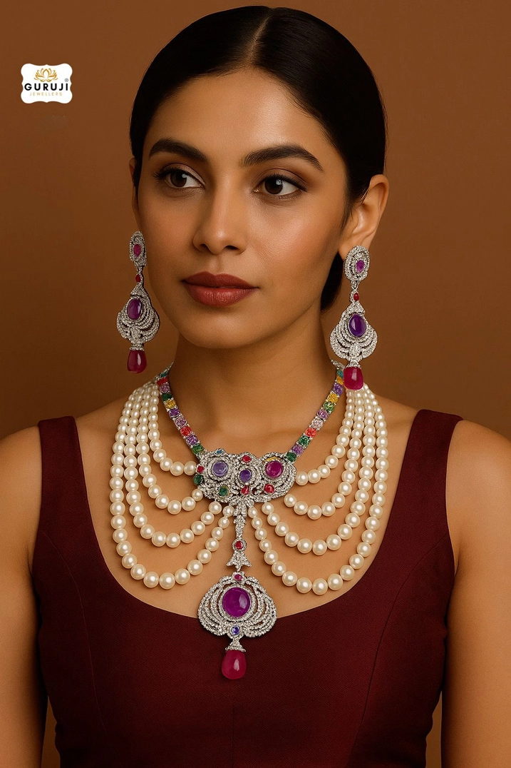 Multi-Strand Designer Necklace Set with Pearl Strings and Statement Stones