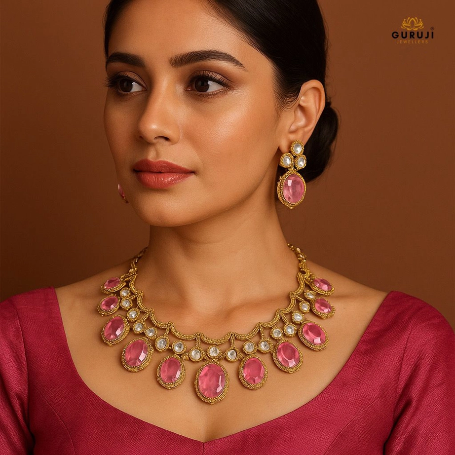 Elegant Necklace Set with Pink Stones with Pearl Accents