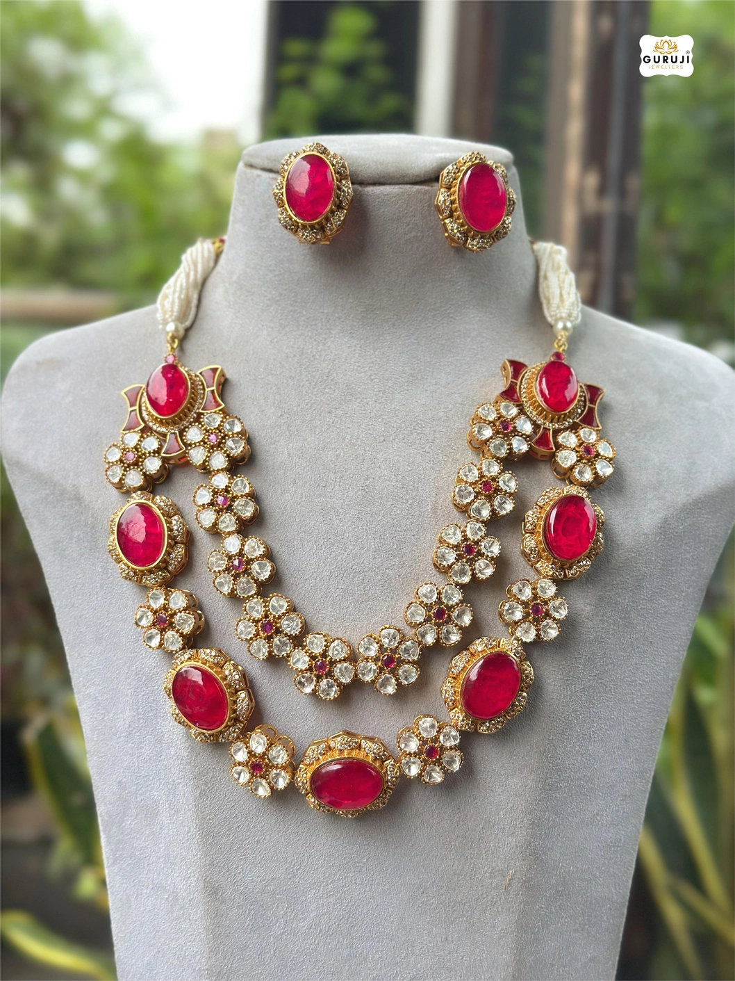 Moissanite-stoned layered floral ruby necklace set