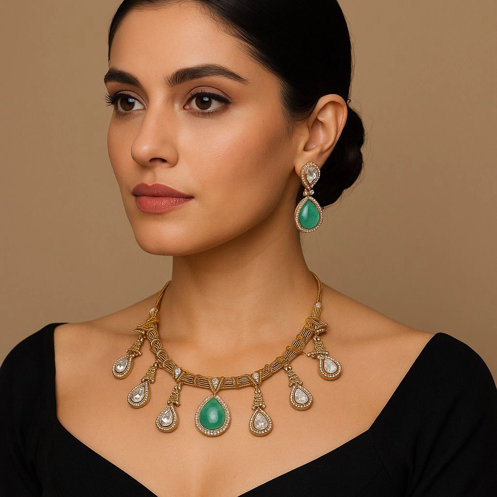 Designer Teardrop Necklace Set with Intricate Detailing and Matching Earrings