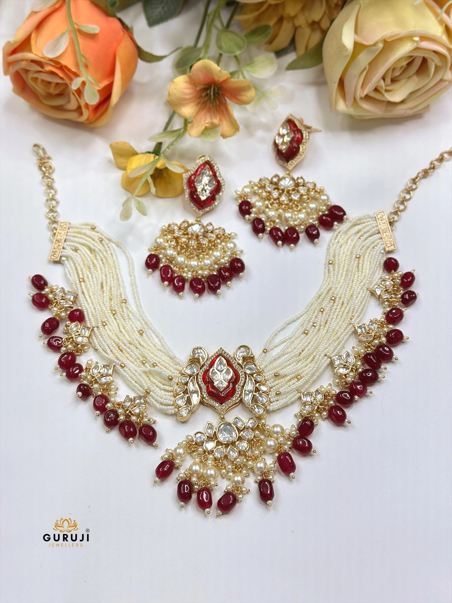 Pearl Beaded Necklace Set in Multiple Layers with Carved Stone Drops and Kundan
