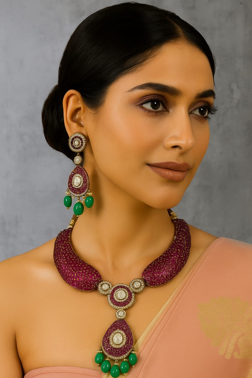 Handcrafted Beaded Necklace Set with Polki and Moissanite Accents