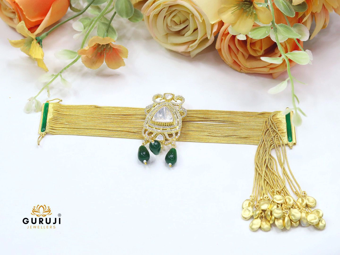 Gold Mesh Bracelet with CZ Stone Centerpiece and Beaded Tassel