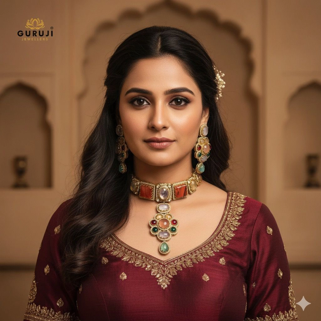 Sabyasachi Inspired Kundan Choker Necklace with Multicolor Gemstones