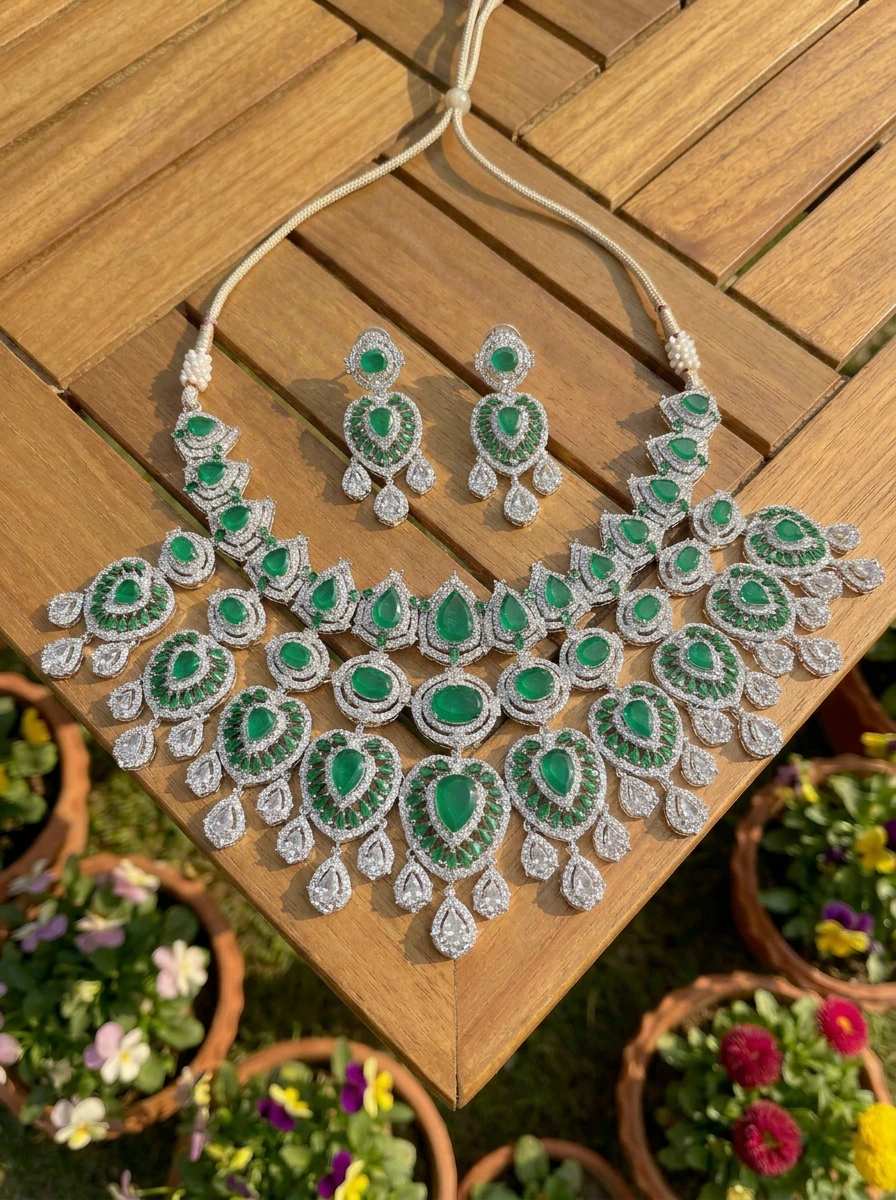 Heavy CZ American Diamond Pearl Drop Bridal Necklace Set  – Silver-Toned Rhodium Plated Statement Jewellery